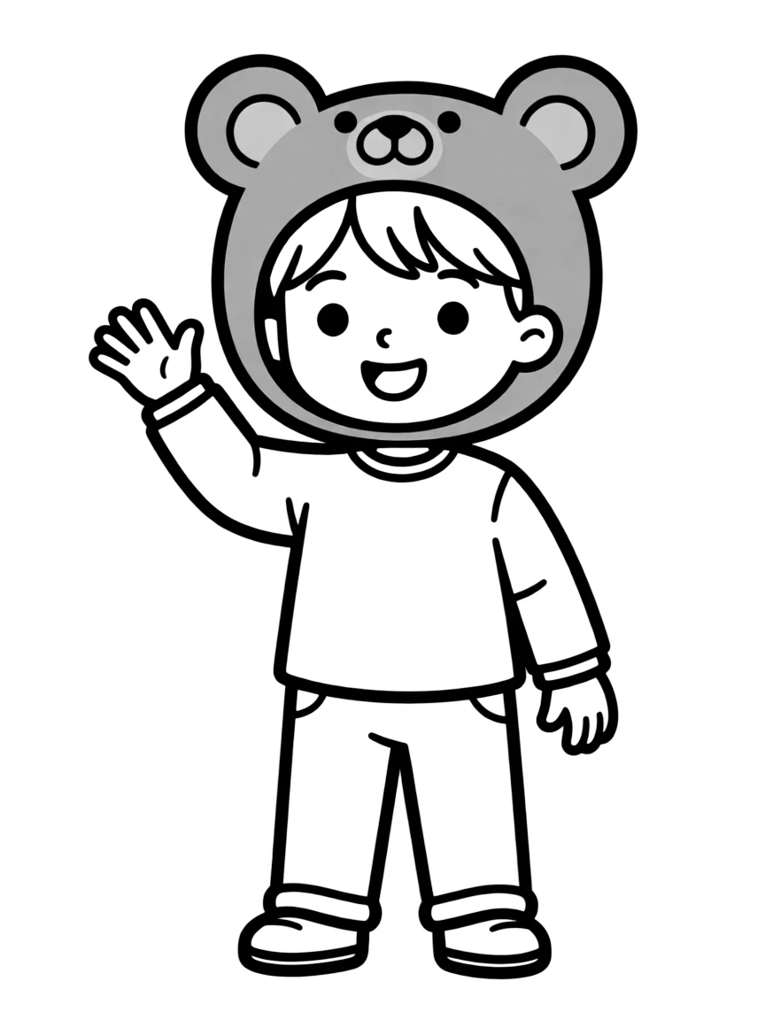 A child with hair in a simple brown bear wig.