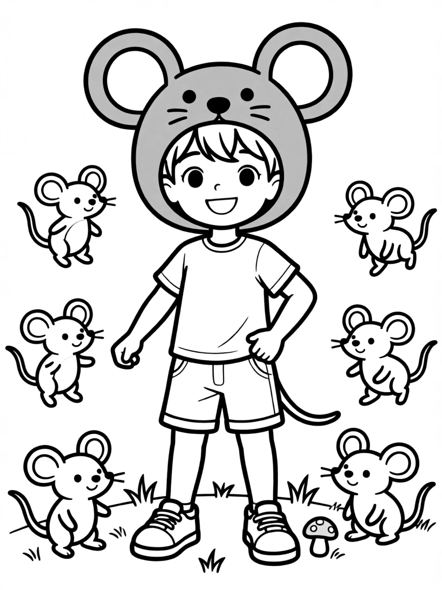 A child with hair in a simple gray mouse wig.