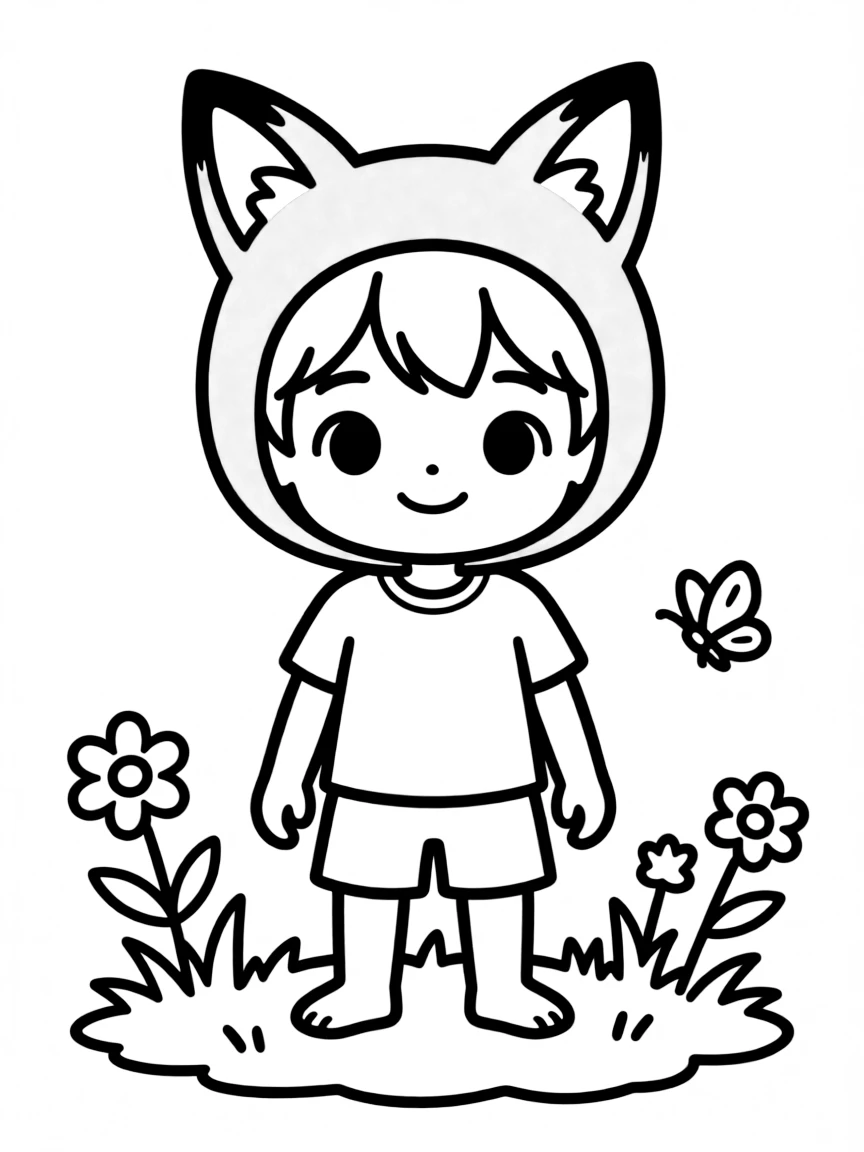 A child with hair in a simple orange fox wig.