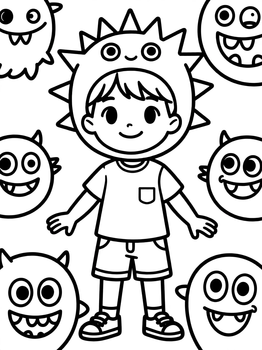 A child with hair in a simple yellow monster wig.