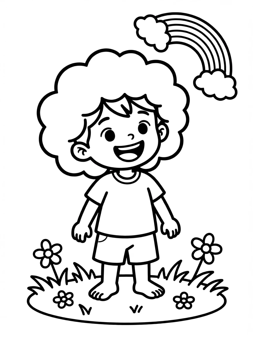 A child with hair in a simple rainbow monster wig.
