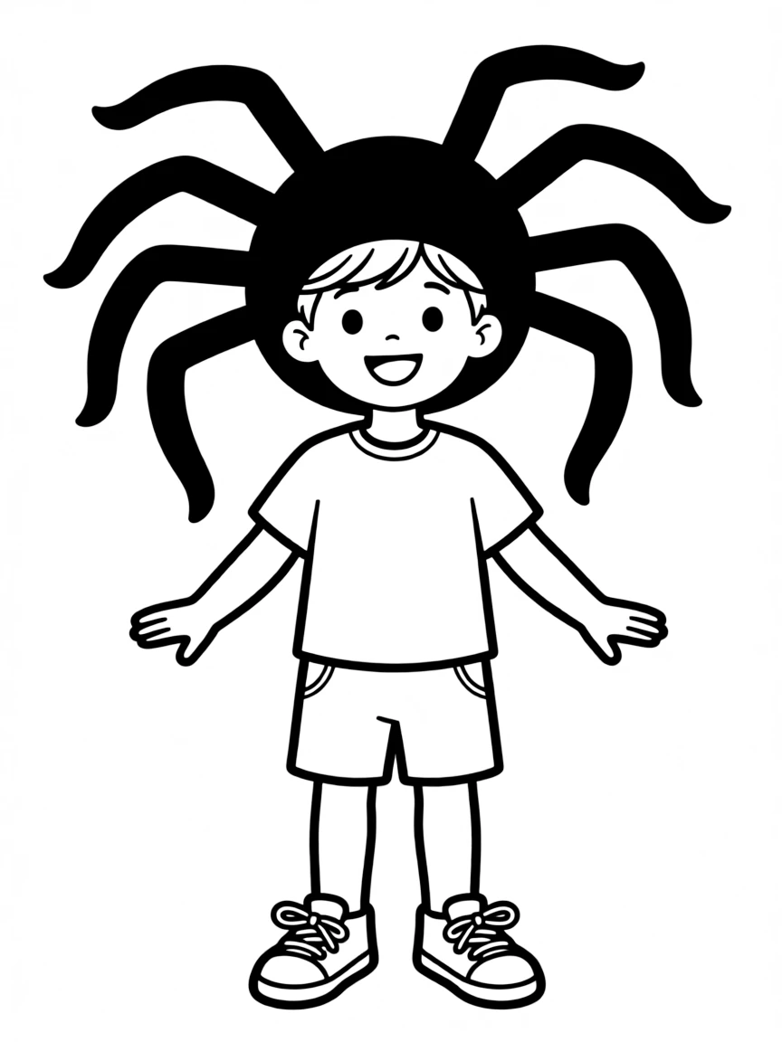 A child with hair in a simple black spider wig.