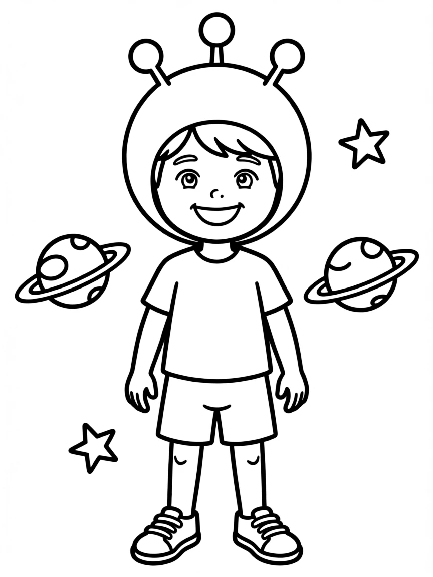 A child with hair in a simple green alien wig.
