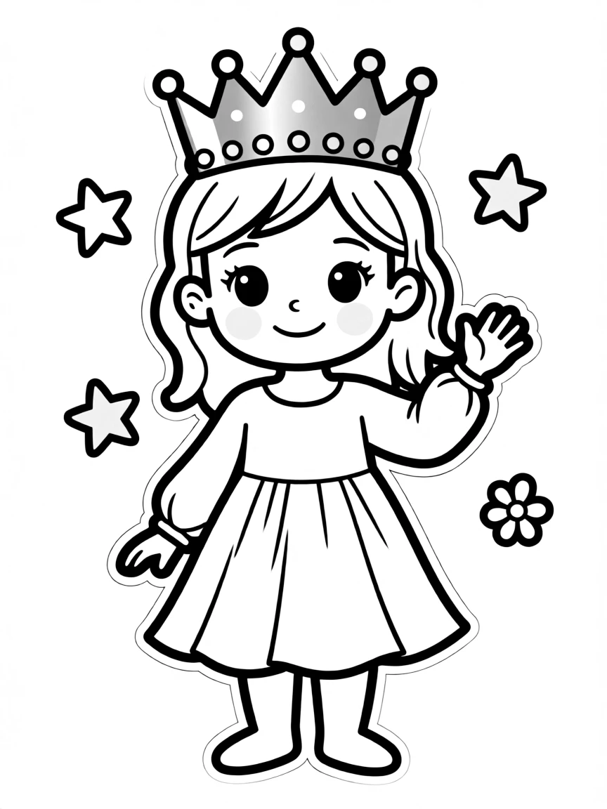 A child with hair in a simple silver crown with pearls.