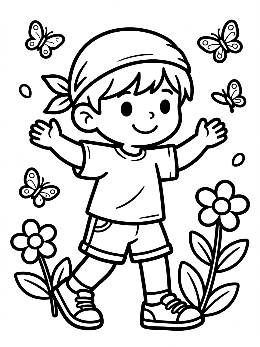 A child with hair in a simple blue bandana.
