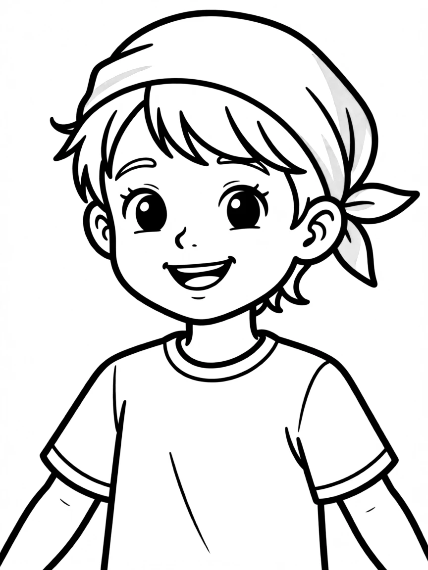 A child with hair in a simple green bandana.