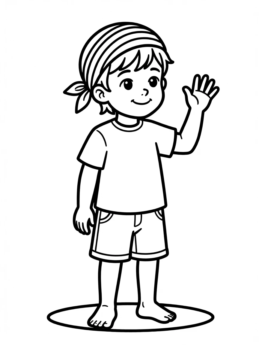 A child with hair in a simple rainbow bandana.