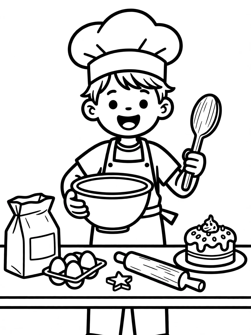 A child with hair in a simple white chef's hat.