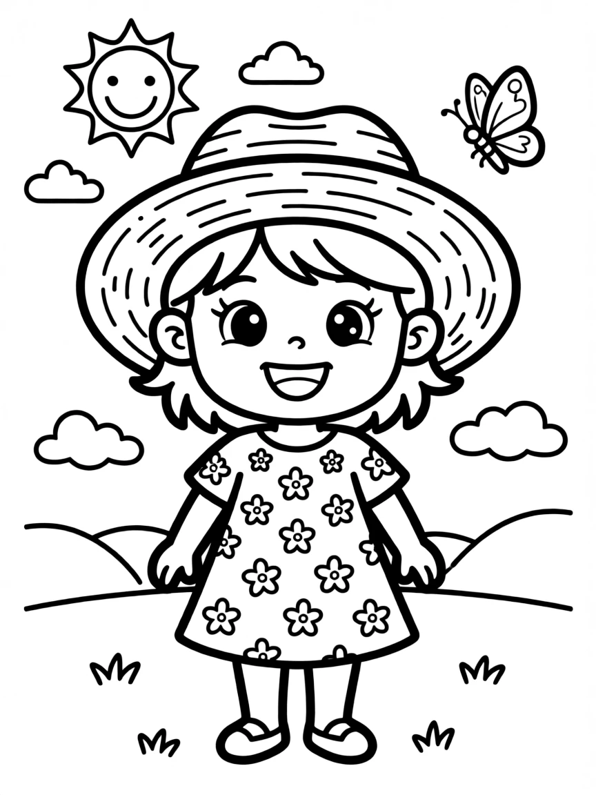 A child with hair in a simple straw sun hat.