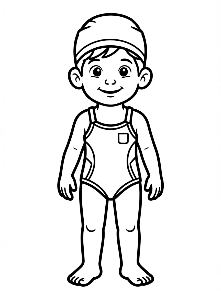 A child with hair in a simple blue swimming cap.