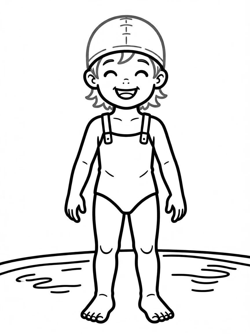A child with hair in a simple red swimming cap.