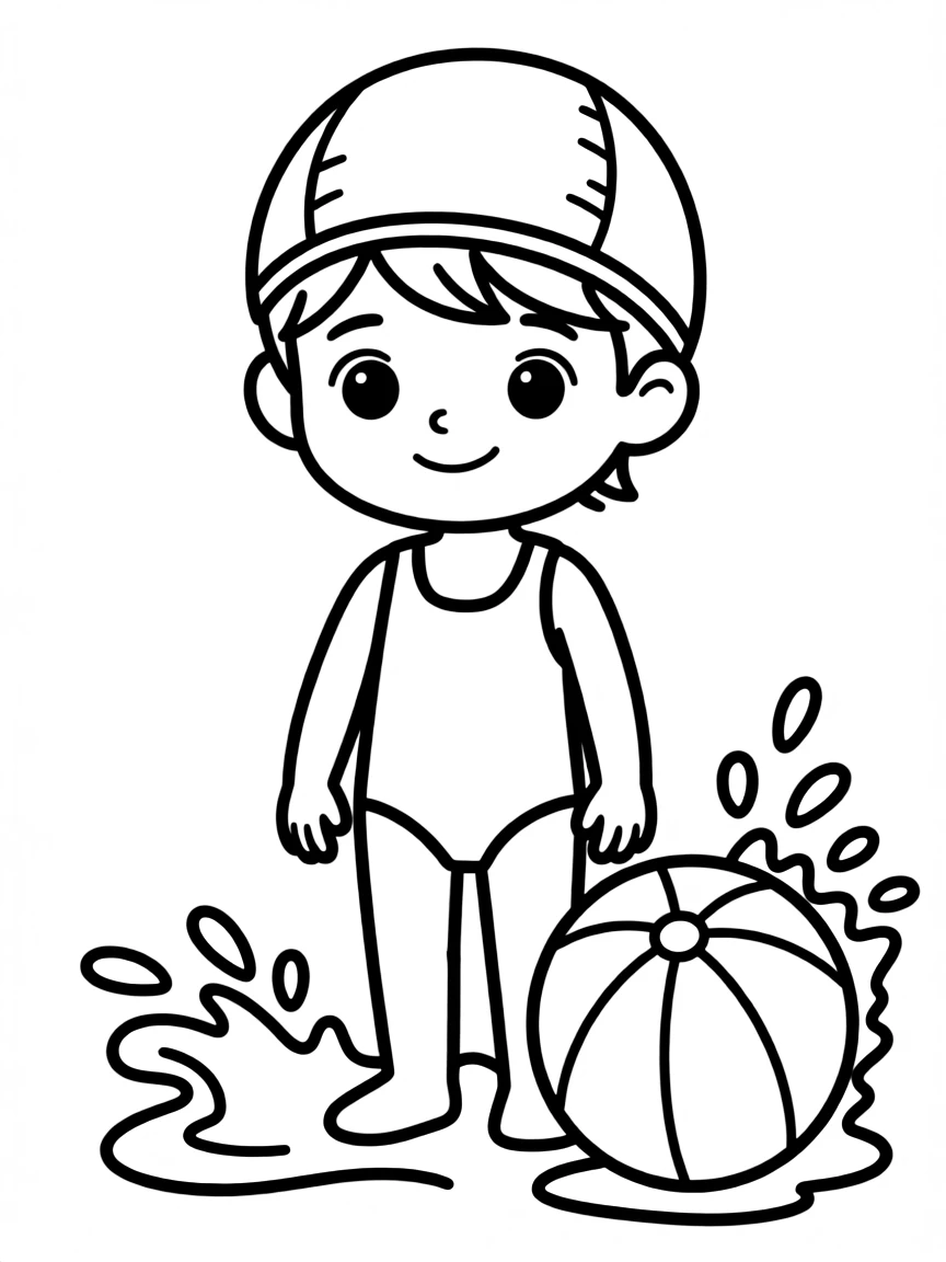 A child with hair in a simple pink swimming cap.