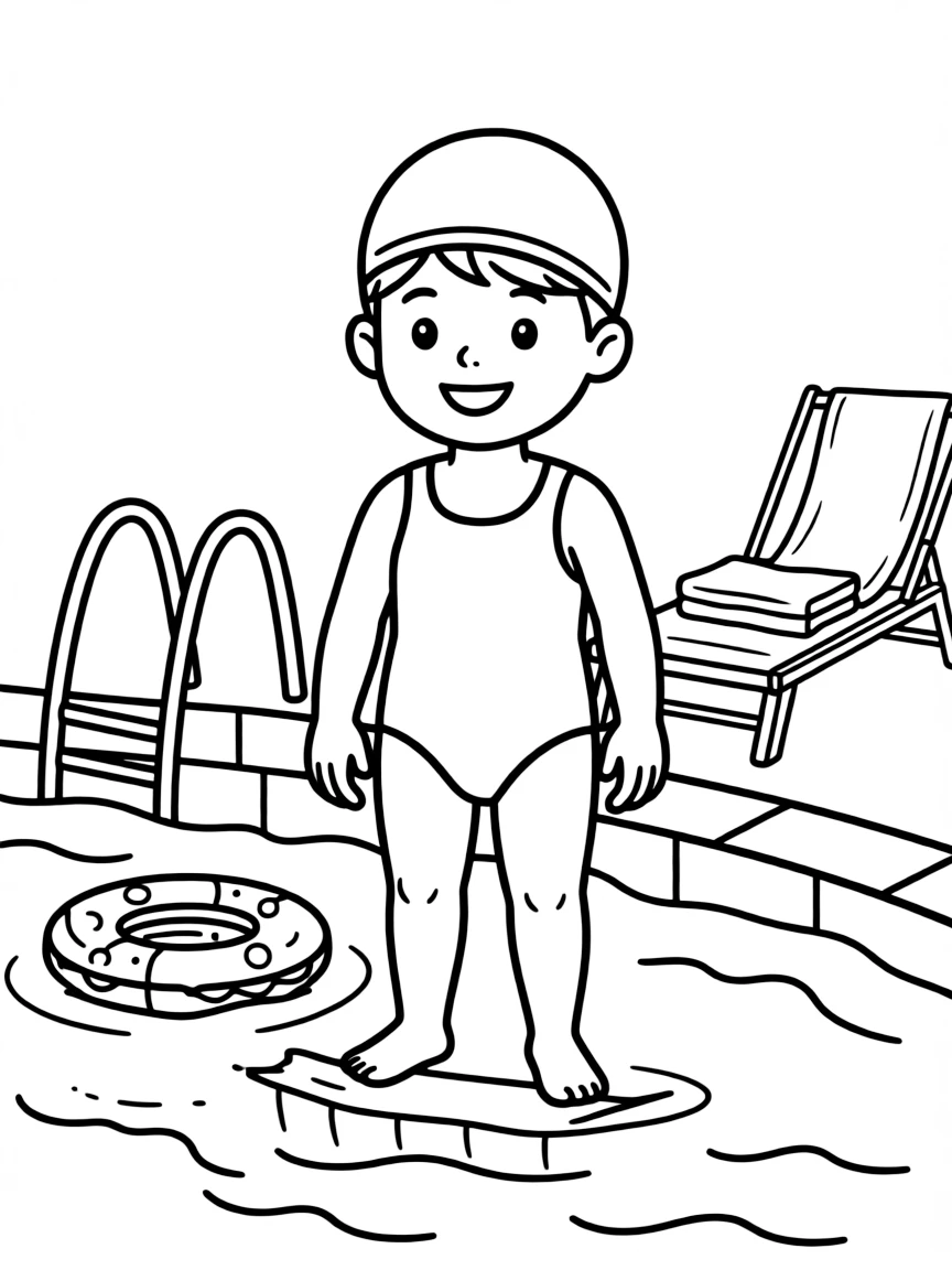 A child with hair in a simple yellow swimming cap.