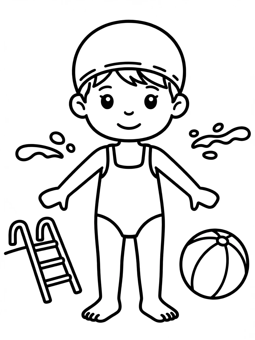 A child with hair in a simple green swimming cap.