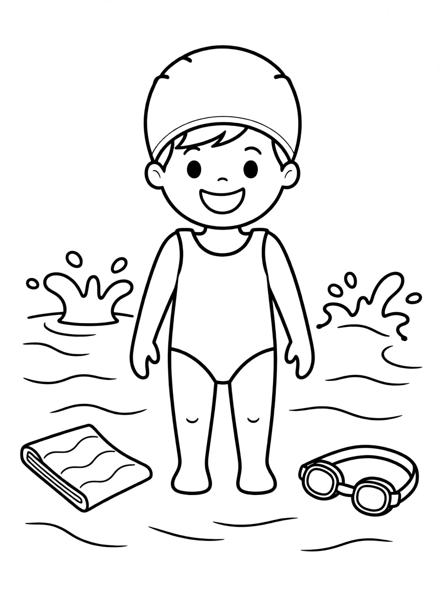 A child with hair in a simple black swimming cap.