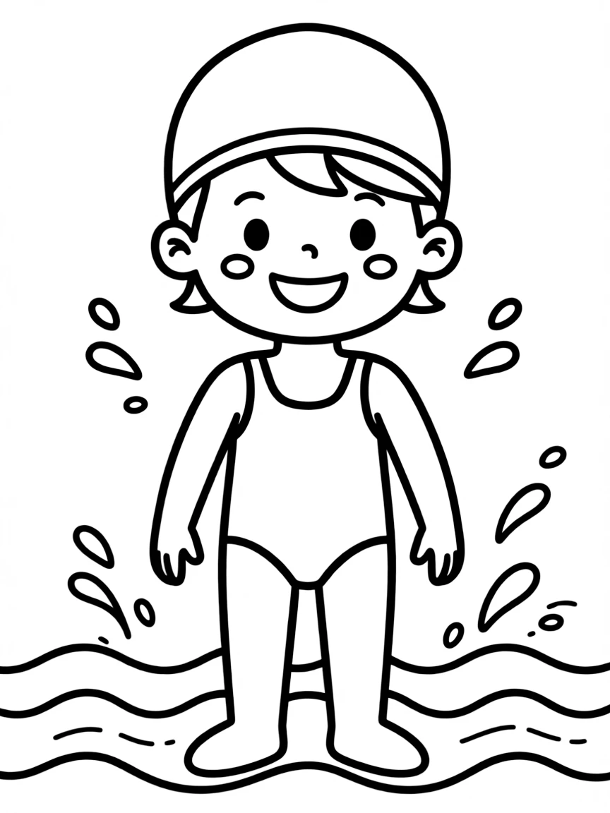 A child with hair in a simple purple swimming cap.