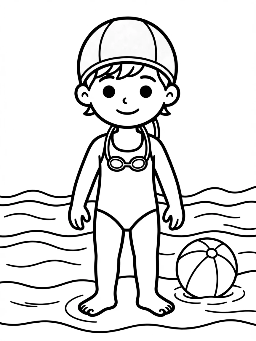 A child with hair in a simple orange swimming cap.