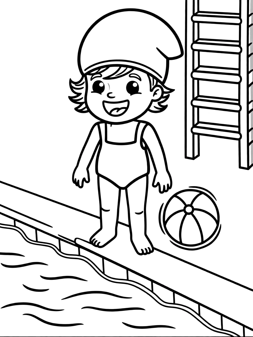 A child with hair in a simple white swimming cap.