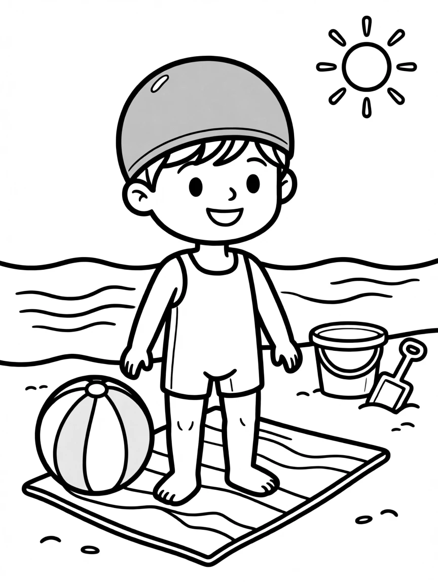 A child with hair in a simple gray swimming cap.