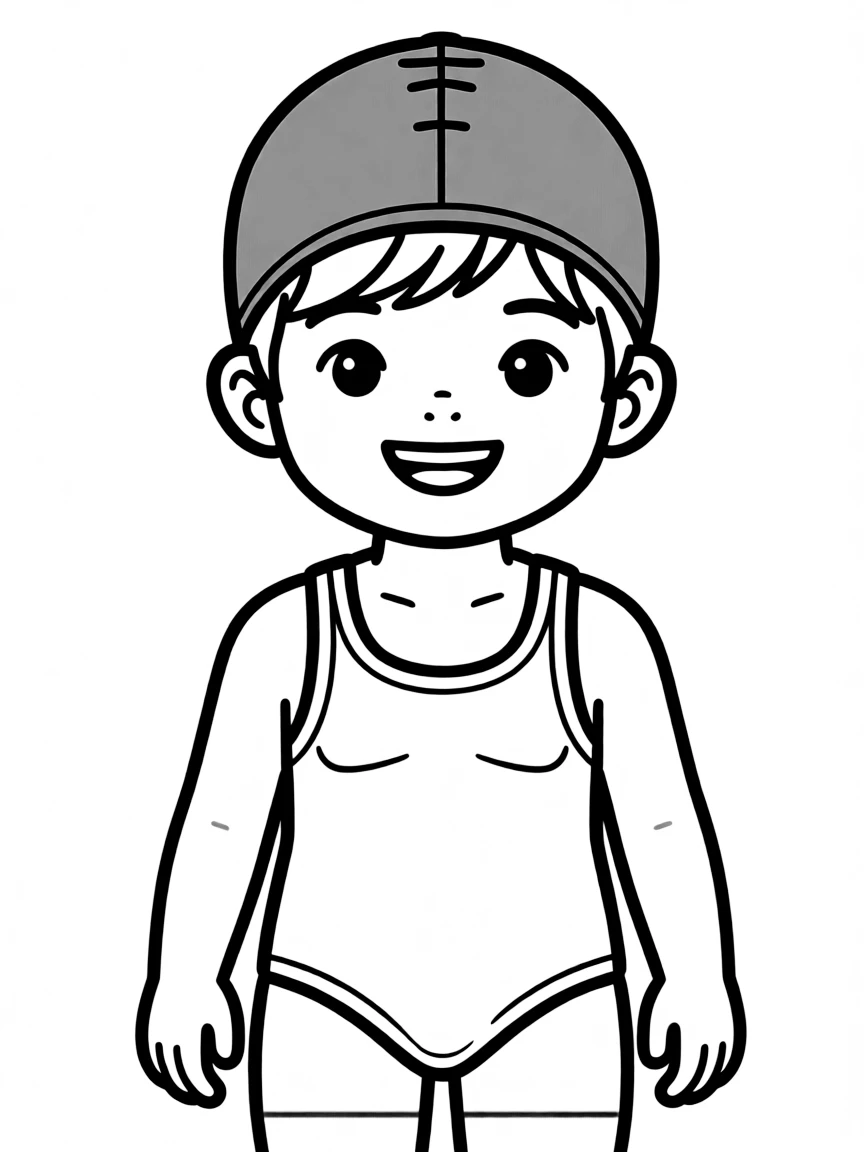 A child with hair in a simple brown swimming cap.