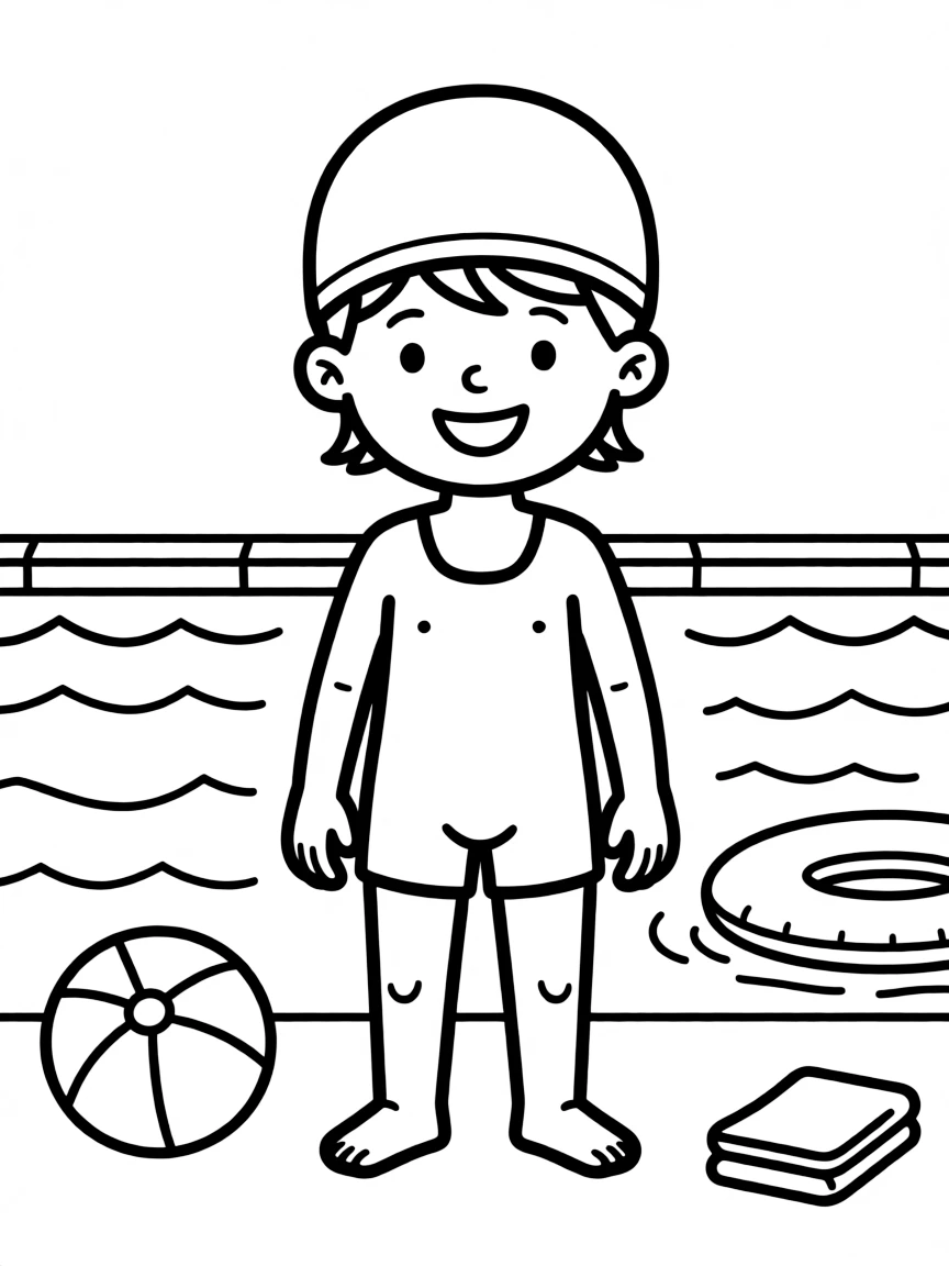 A child with hair in a simple light blue swimming cap.