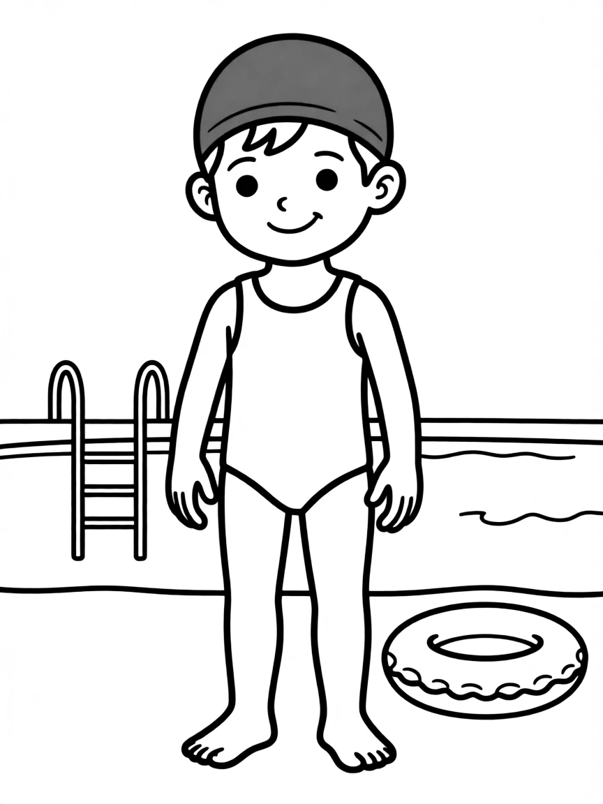 A child with hair in a simple dark blue swimming cap.