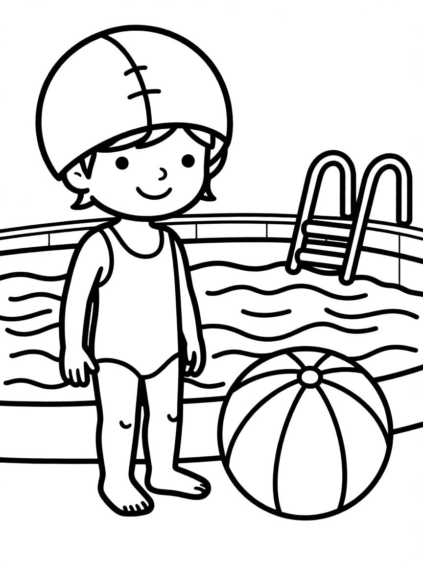 A child with hair in a simple light green swimming cap.