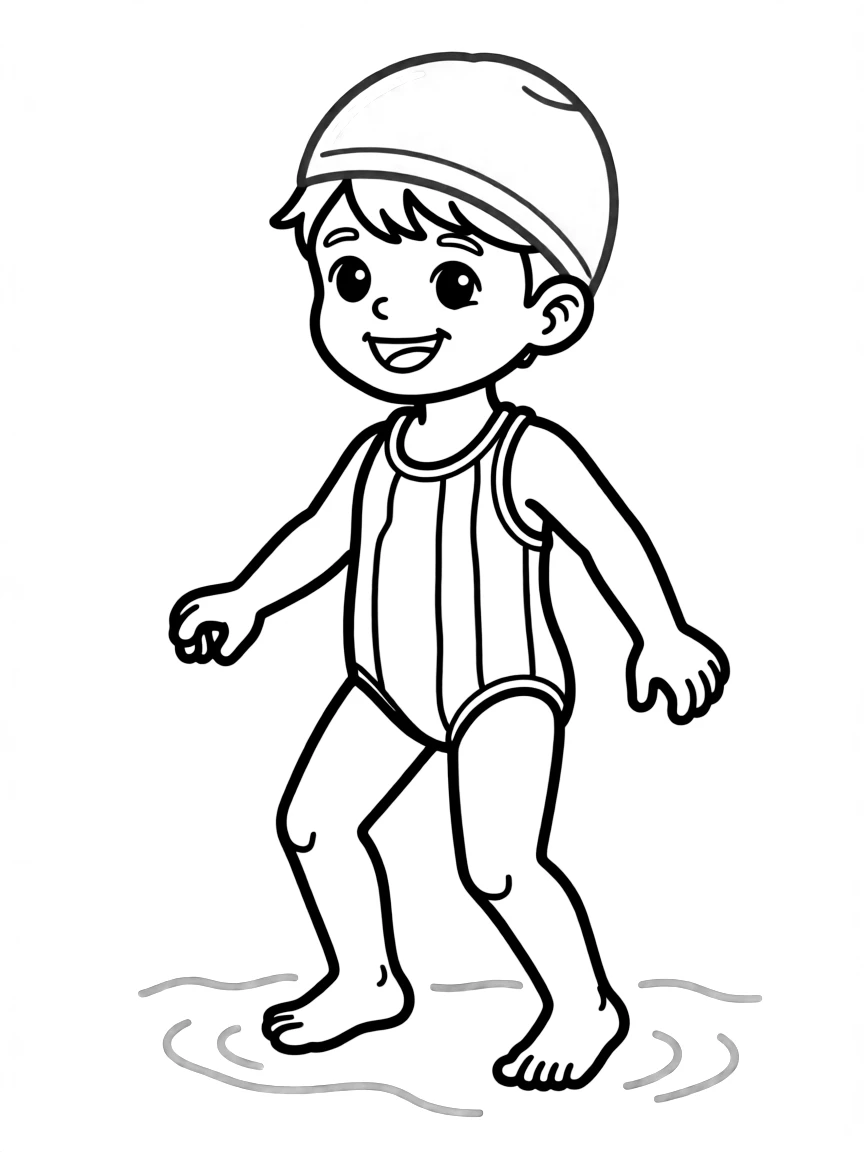 A child with hair in a simple dark green swimming cap.