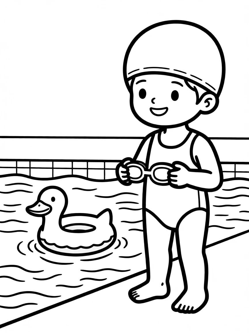 A child with hair in a simple light purple swimming cap.