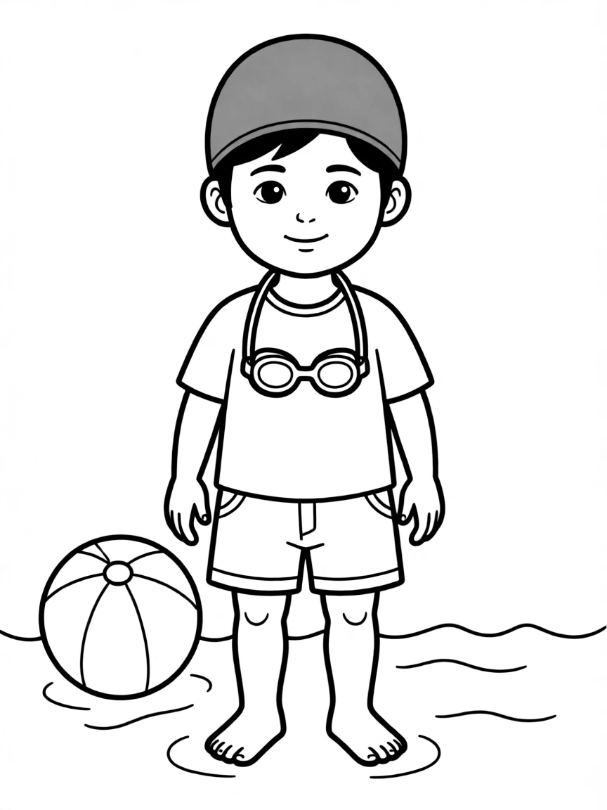 A child with hair in a simple dark purple swimming cap.