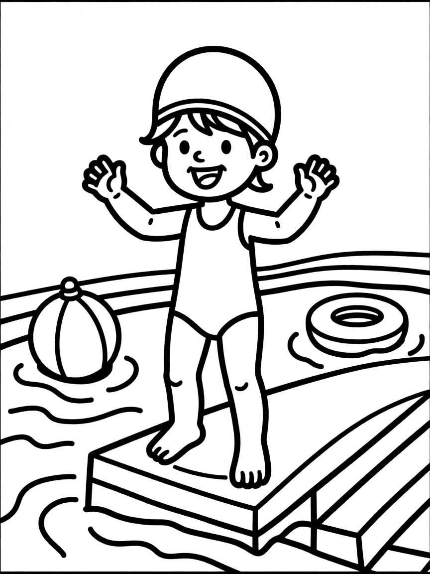 A child with hair in a simple light yellow swimming cap.