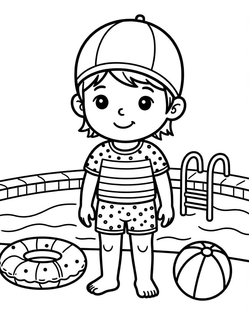 A child with hair in a simple dark yellow swimming cap.