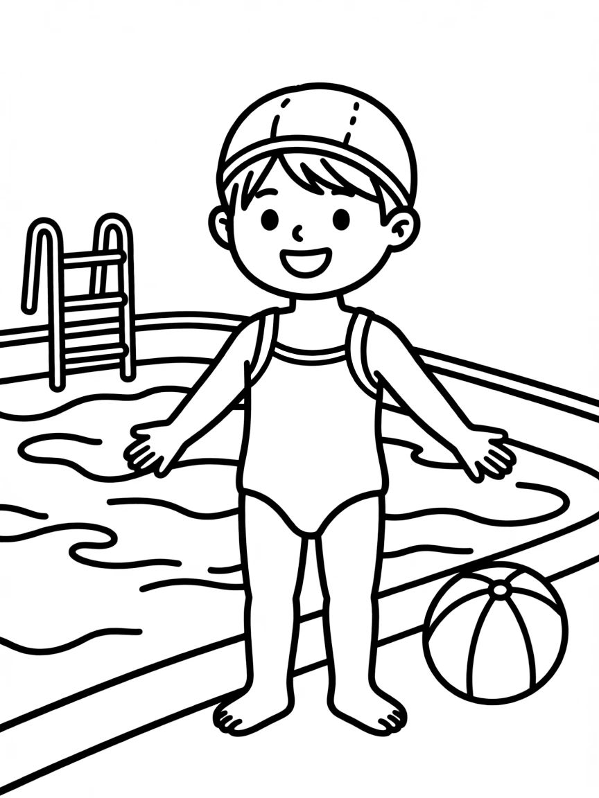 A child with hair in a simple light orange swimming cap.