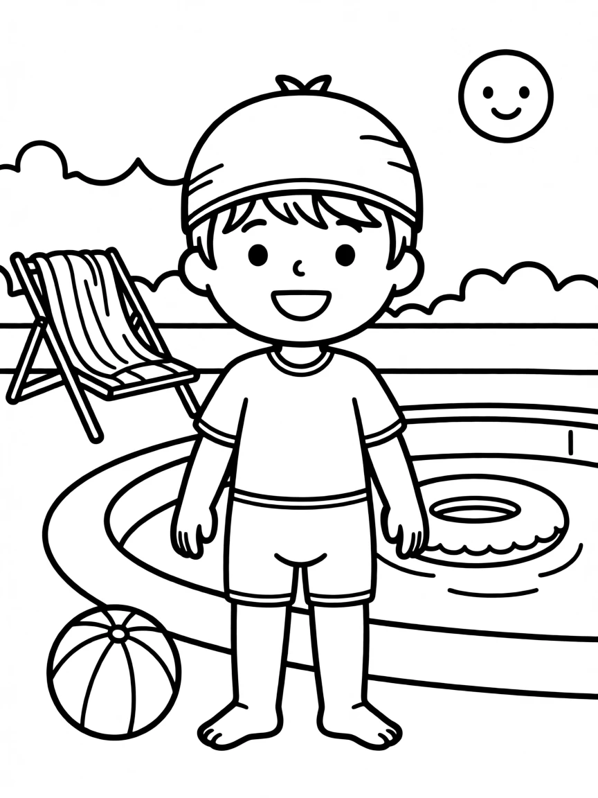 A child with hair in a simple light pink swimming cap.