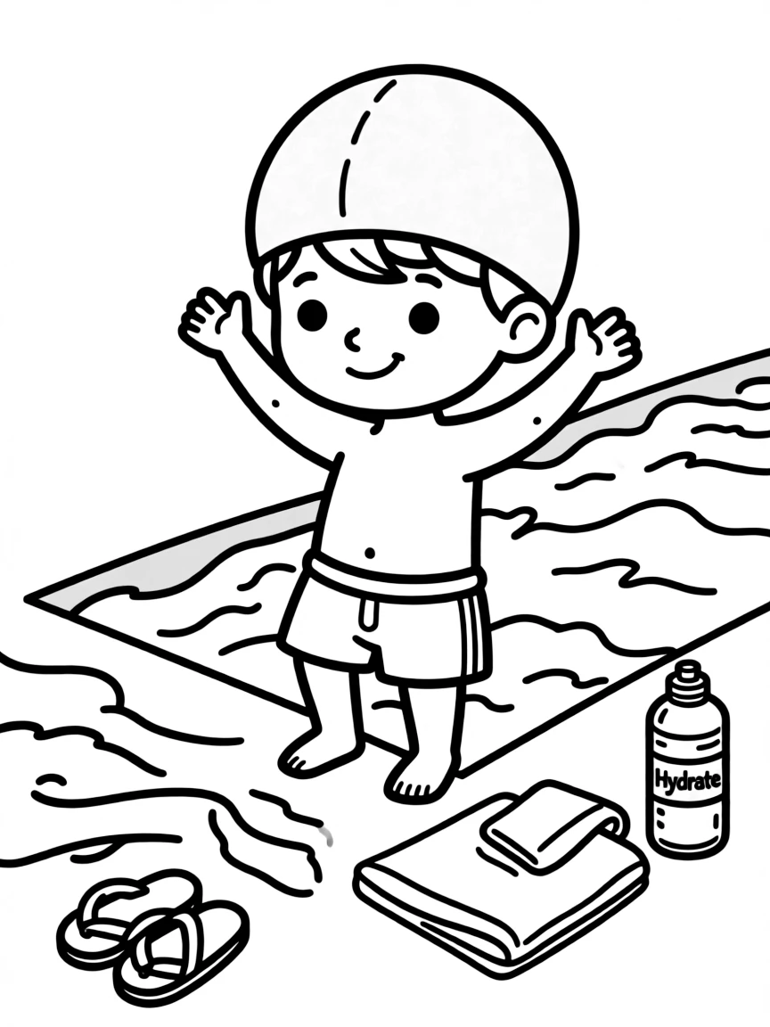 A child with hair in a simple light red swimming cap.
