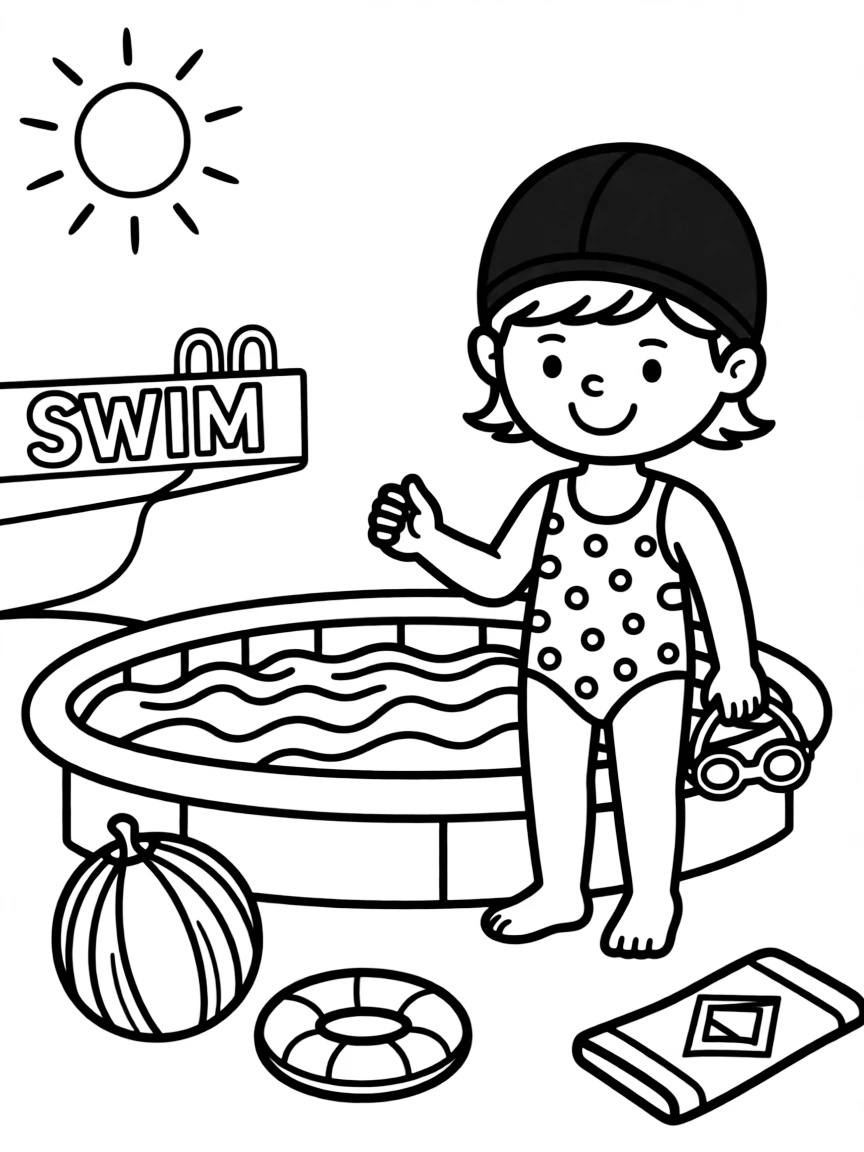 A child with hair in a simple dark red swimming cap.