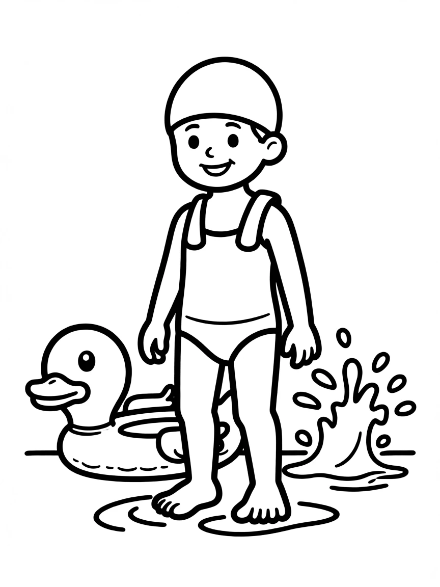 A child with hair in a simple light brown swimming cap.