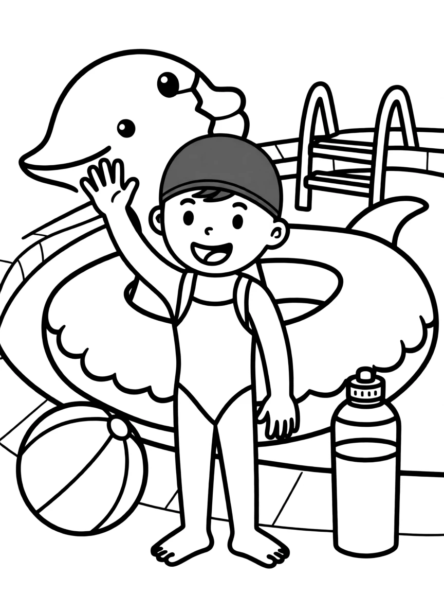 A child with hair in a simple dark brown swimming cap.