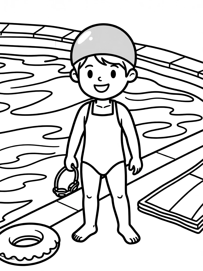 A child with hair in a simple light gray swimming cap.