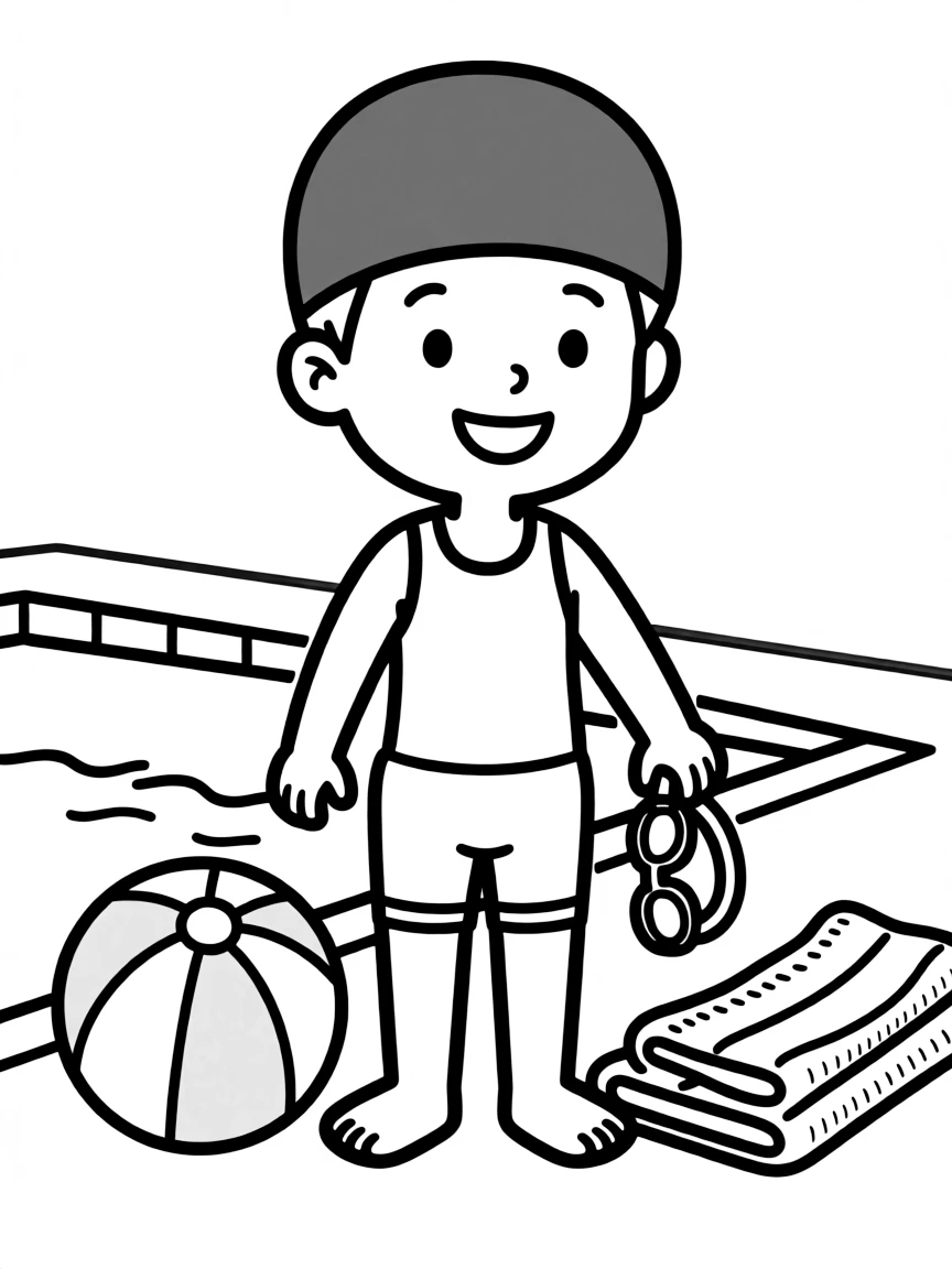 A child with hair in a simple dark gray swimming cap.