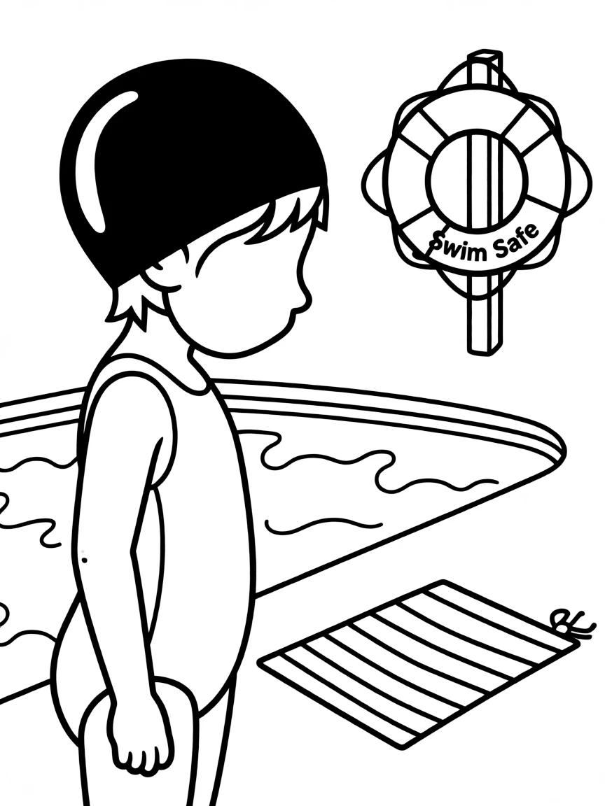 A child with hair in a simple black swimming cap.