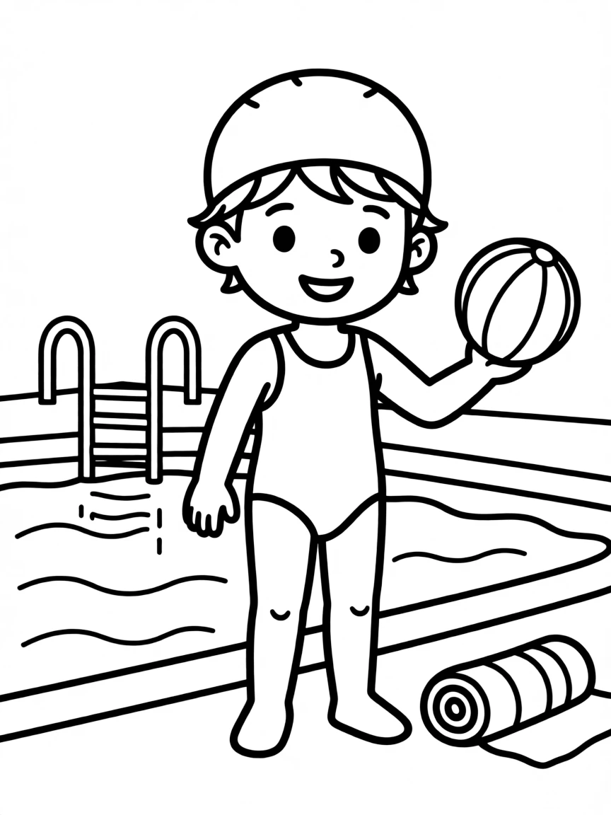 A child with hair in a simple white swimming cap.