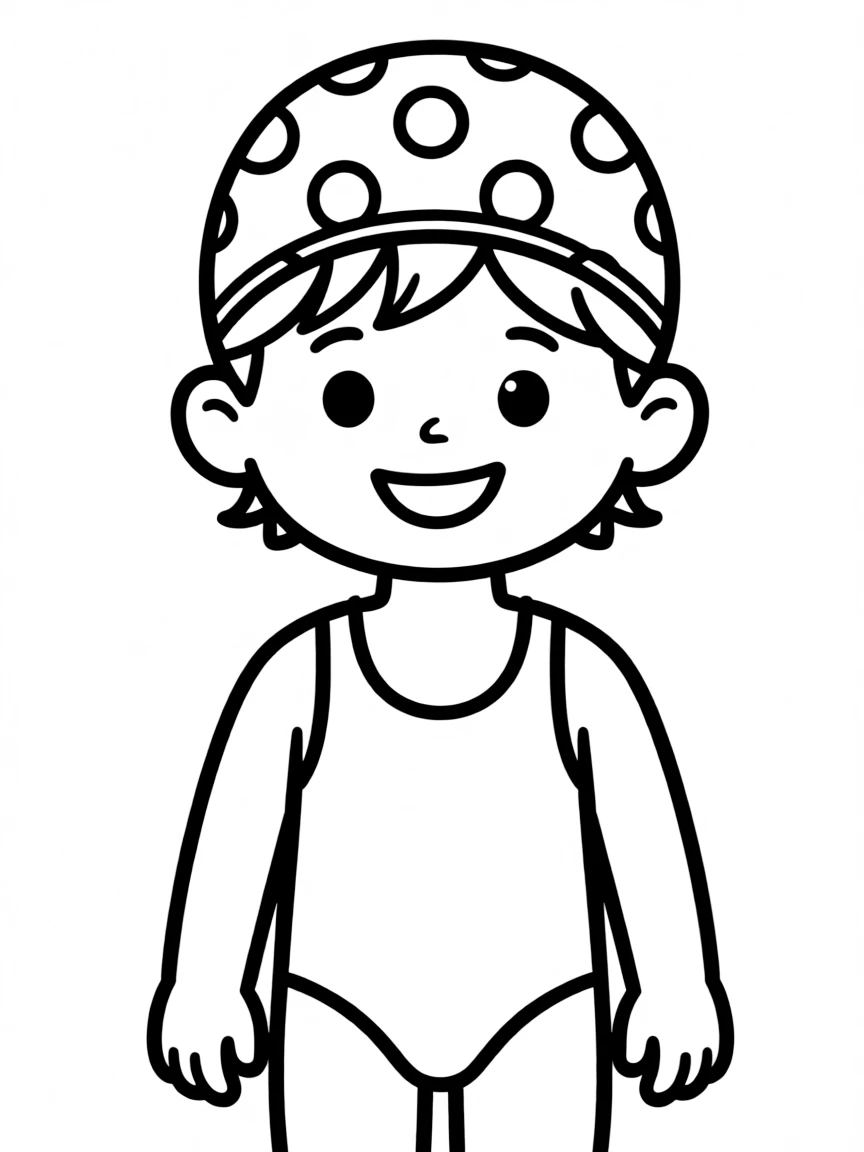 A child with hair in a simple patterned swimming cap.