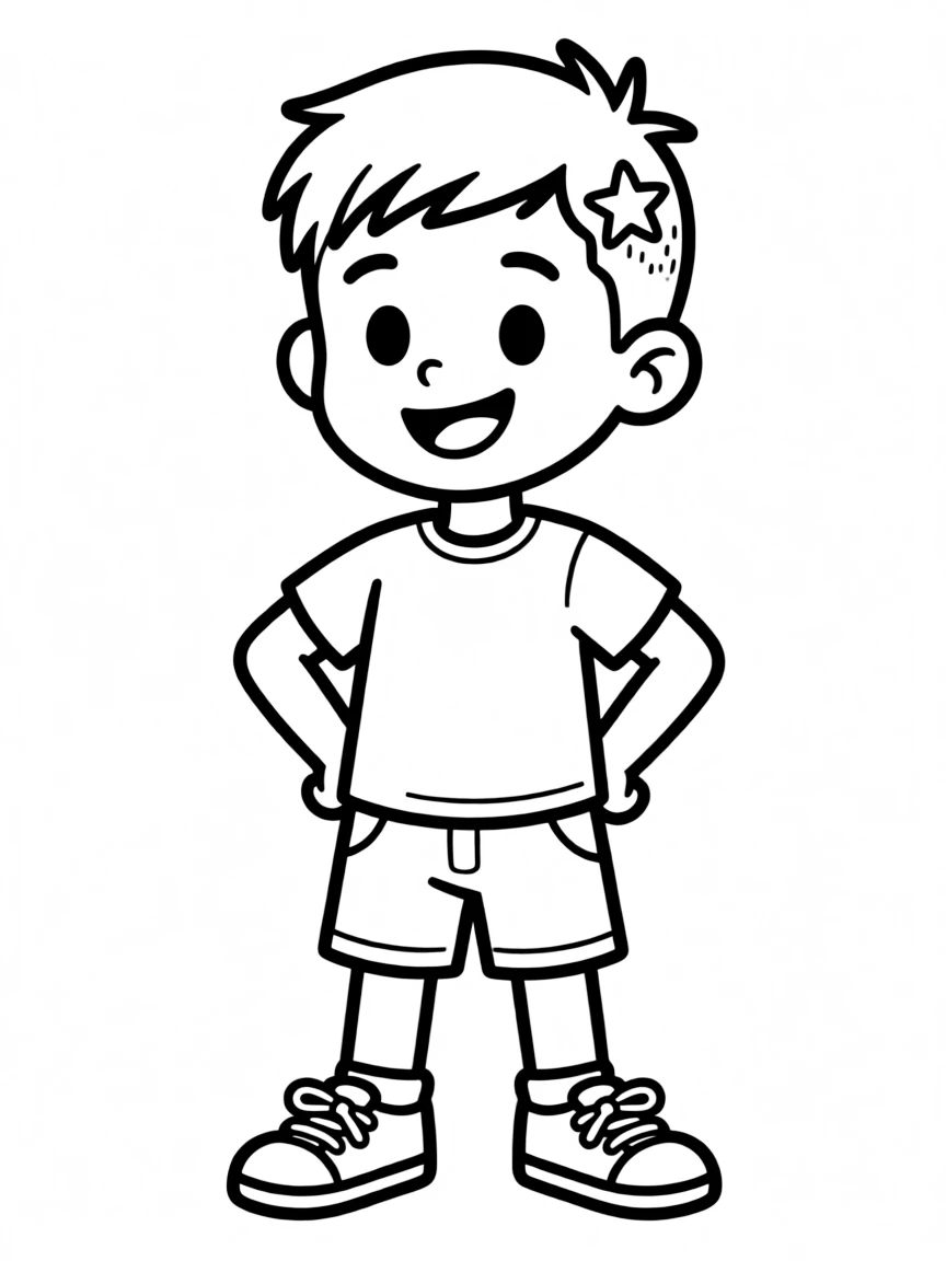 A boy with a simple buzz cut, with a small design.