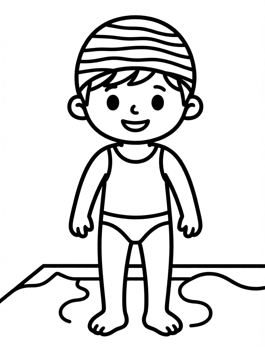 A child with hair in a simple striped swimming cap.
