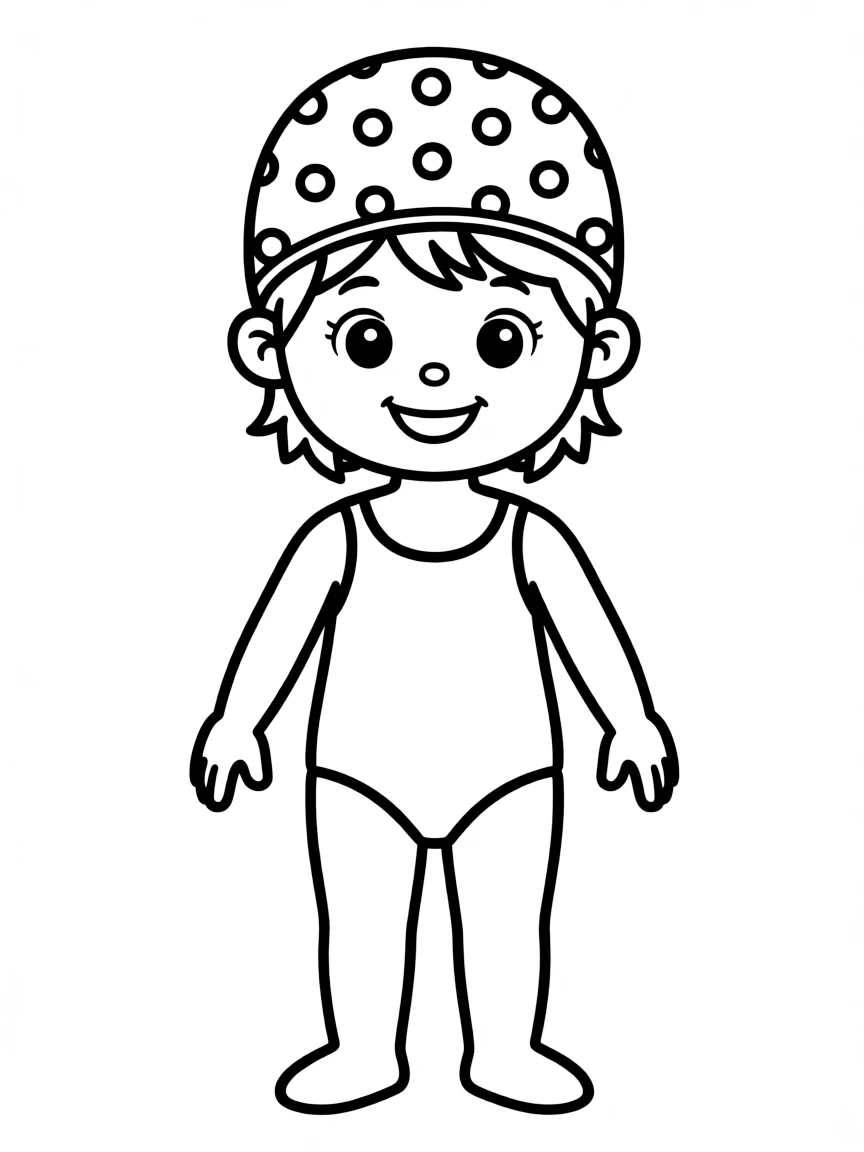 A child with hair in a simple polka dot swimming cap.