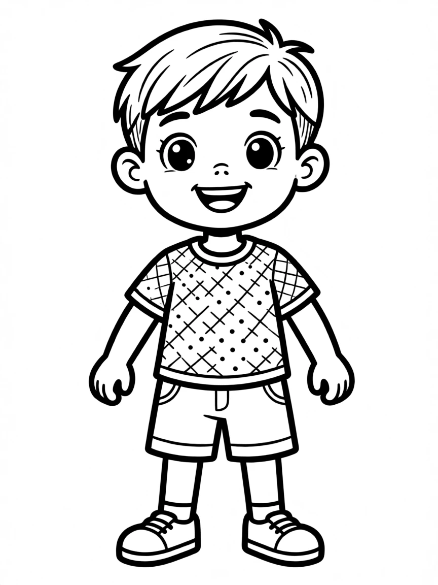 A boy with a simple textured top, short sides.