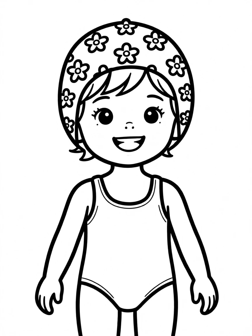 A child with hair in a simple floral swimming cap.