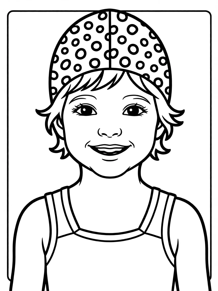 A child with hair in a simple animal print swimming cap.