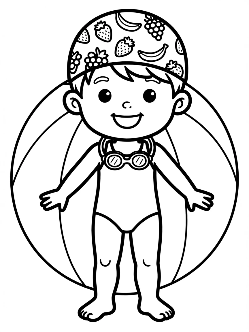 A child with hair in a simple fruit print swimming cap.